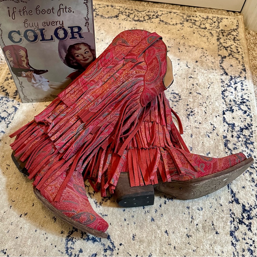 TANNER MARK Red Paisley Fringe Cowgirl Bootsz 9.5 All leather